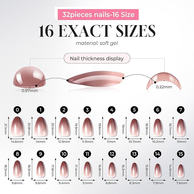 UNA GELLA 32Pcs Soft Gel Press on Nails - 16 Sizes Brown Ombre Chrome Almond Glue on Nails, Reusable Metallic Gradient Short Almond False Nails, Full Cover Acrylic Nail Kit for Women DIY Home Manicure