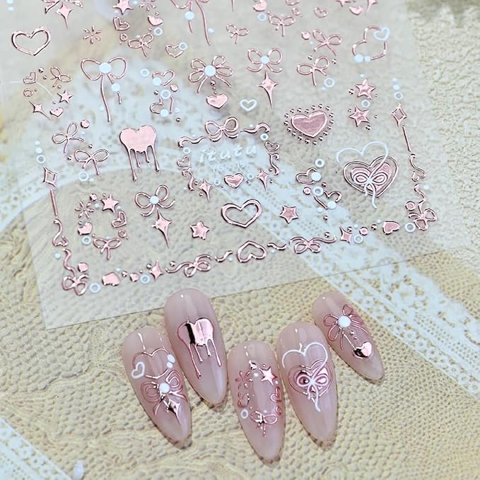 1Pcs 5D Valentines Nail Art Stickers Self Adhesive Rose Gold Bow Nail Decals Embossed Love Heart Nail Stickers Shiny Star Nail Design Sticker Pink Valentines Sticker Cute Nail Supplies Decor for Women