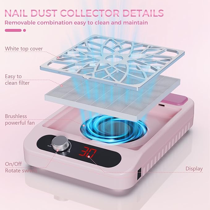 Nail Dust Collector for Nail Techs,Compact & Quiet Vacuum Fan Dust Collector with Reusable Filter, Powerful Dust Suction Machine,Nail Tech Must Haves for Gel Polish,Pedicures,Salon & Home Use
