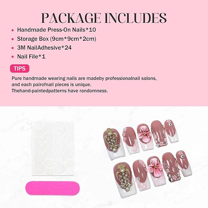 Handmade Press on Nails Medium Square Fake Nails White French Tip Nails Press Ons with Charms and Rhinestones Design False Nails Luxury 3D Flower Artificial Stick on Nail for Women 10Pcs(Size M)