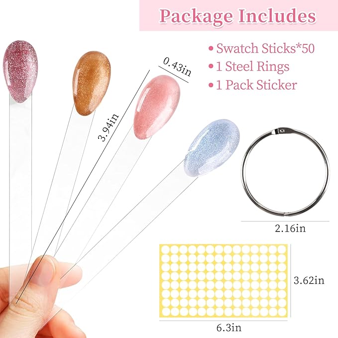 BQAN 50Pcs Nail Swatch Sticks with Ring, Nails Art Polish Display | Nail Practice Sticks | False Nails Sample Stick for Home or Salon Use