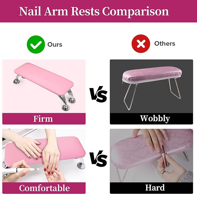 Arm Rest for Nails Tech, Easy Clean Nail Arm Rest, Reduce Back Pain Hand Rest for Nails Tech, Sturdy Support Armrest for Nails Fits UV LED Nail Lamp Underneath, Salon & Home Use (Pink)