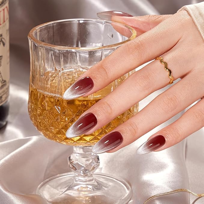 VSALON Press on Nails Medium Almond - Red Maroon Ombre French Tip Cat Eye Glossy Glitter Nails Kit for Woman, Reusable Semi-Transparent Gel Glue on Nails with Glue & Cuticle Oil - 32 PCS in 16 Sizes