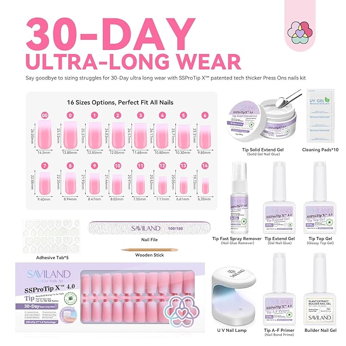 SAVILAND Press On Nails for Women: With Builder Gel for Nails 16 Sizes Long Square French Tip Gel Nail Kit Pink White Ombre U V Nail Glue and Remover Gels Lamp Top Coat and Primer Kit