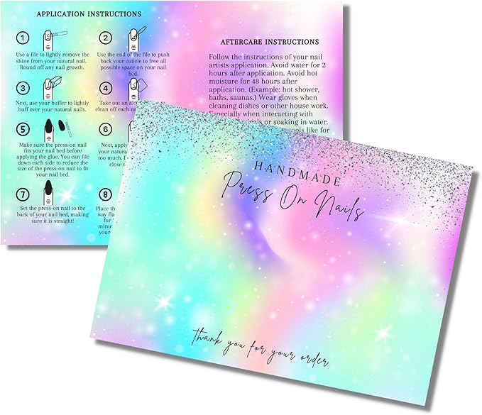 Lashicorn Handmade Press On Nails Display Card | 5x7” 30 pk w/Application Aftercare Instructions - Inserts Add To A Holographic Bags & Can Use With Double Sided Tape