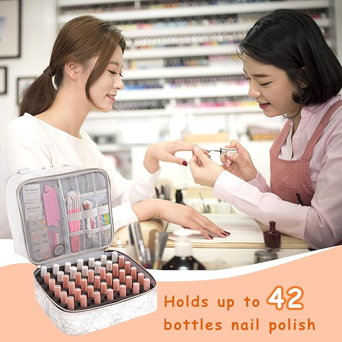 Nail Polish Organizer, Double Layer Nail Polish Storage Bag Carrying Case Holds 42 Bottles with Nail Dryer Lamp Portable Manicure kit supplies Organizer （White）
