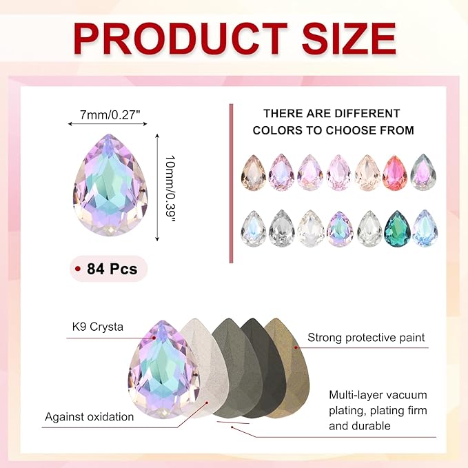 MECCANIXITY Teardrop Rhinestones 7x10mm, 84 Pcs Pointed Back K9 Glass Shiny Drop Shaped Rhinestones Crystal Gems for DIY Jewelry Making Crafts, Moon Purple