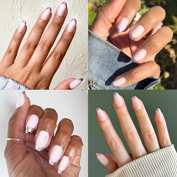 Olive & June Instant Mani Press-On Nails (Glue) | 42 Fake Nails, 21 Sizes | Non-Toxic, Long-Lasting Recycled Materials Realistic Look | Salon-Quality | Medium, Oval | Metallic French Lilac Shimmer