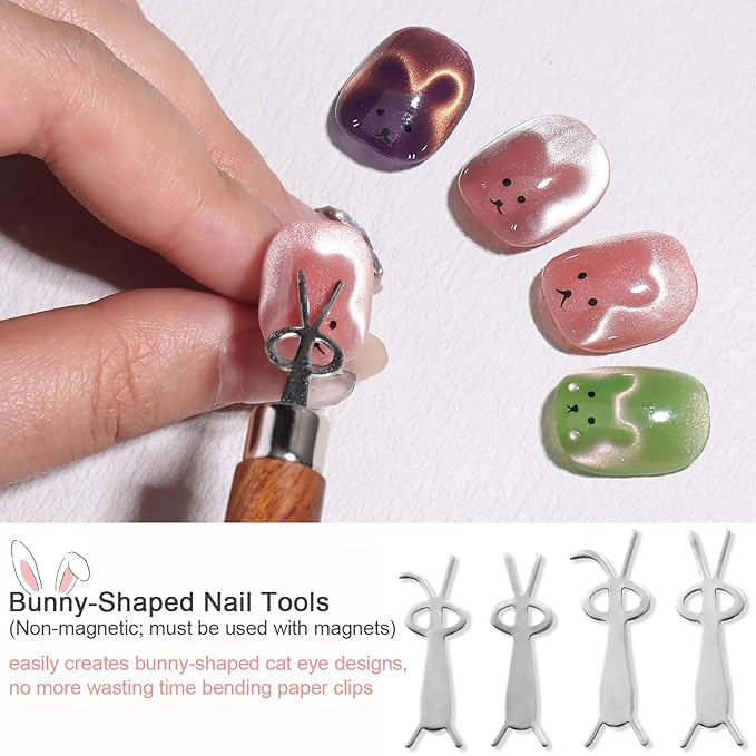 3 in 1 Cat Eye Magnet Brush Pen, Double-Ended Magnetic Wand with Brush for Cat Eye Gel Nail Polish, Heart Bunny Spiral Swirl Effect Nail Art Tools, Multifunctional Manicure Accessories