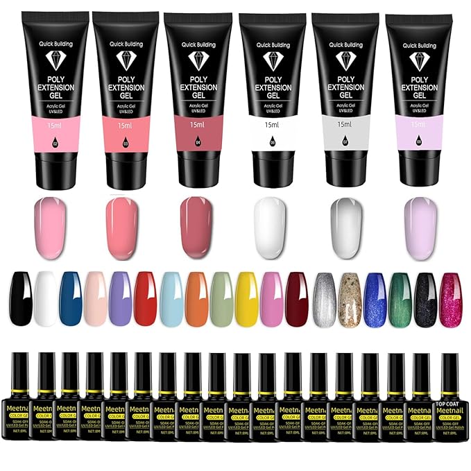 Gel Nail Polish Kit with 48W UV Lamp, 22pcs nail polish with Base Coat and Top coat, 6 Colors Extension Poly Nail Gel set，Nail Drill & More,Professional Manicure Tool for Home DIY Salon