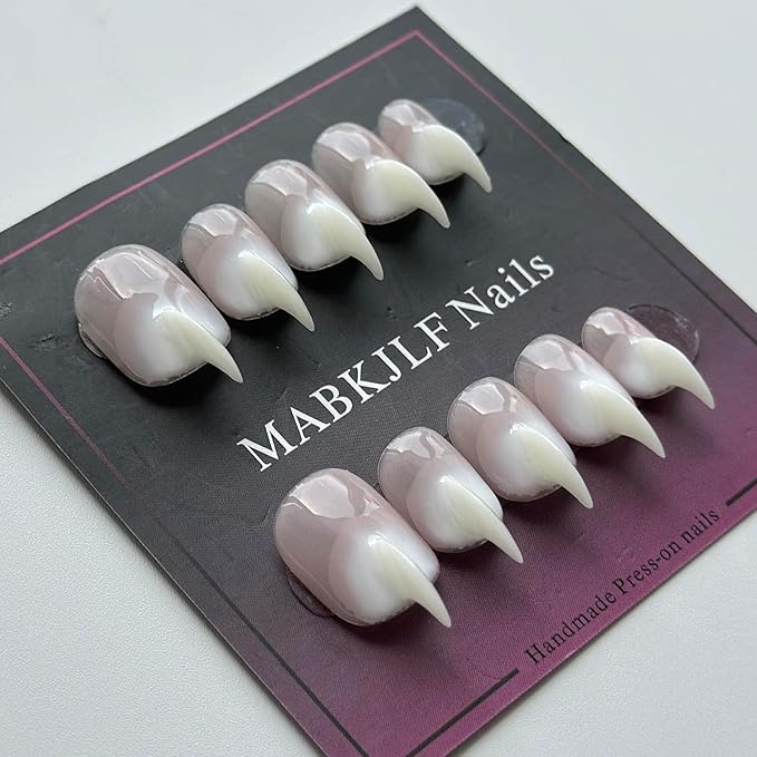 Halloween Press on Nails Luxury Short Stiletto Handmade Cat Claw Unique Reusable ABS Material White Fake Nails Eagle Claw False Nails Glossy Glue on Nail Curved Thick Acrylic Nail(S)