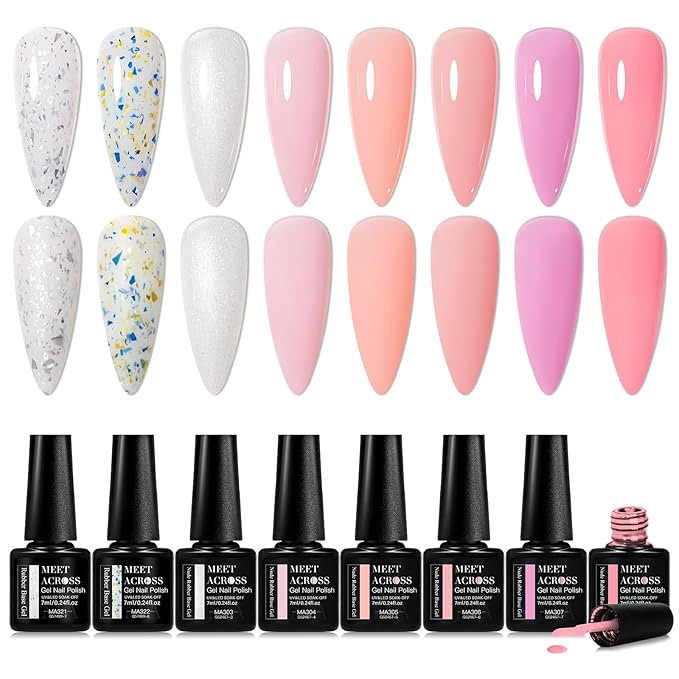 MEET ACROSS 12 Pcs Color Base Gel Nail Polish, 8 Colors Nude Pink Gel Polish Set Neutral Gold Foil Base Coat 3 in 1 Builder Base for Nail Strengthener Soak Off Nail Art for Women