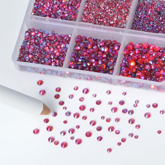 Bymitel Hotfix Crystal Rhinestones Round Gems for Crafts,Mixed 6 Sizes with Wax Pencil Kit, Siam AB1.3-3.2mm(SS3-SS12/8000pcs)