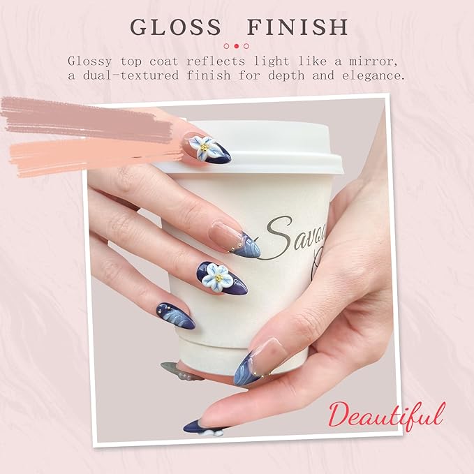 Handmade Press-On Nails – Medium Almond Thick Acrylic Gel Nails, Reusable 3D Flower False Nails, Gradient Blue French Tip Manicure – Salon-Quality DIY Nail Art(10PCS-M)