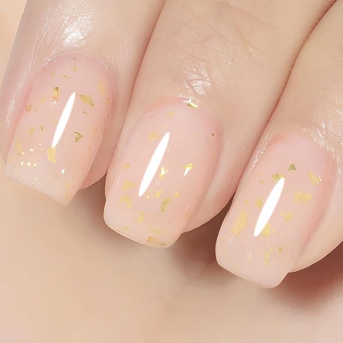 YTD Likomey Nude Gel Nail Polish,15ml Nude Pink Gold Foil Translucent Neutral Jelly Sheer Gold Flakes Pastel Pink Glitter Salon Home DIY Nails Art UV Nail Gel Varnish,LS09