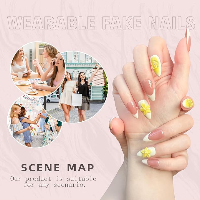100% Handmade Press-On Nails,3D Flower & Leopard French Tips,Glossy Nude Medium Almond Shape | Spring/Summer DIY False Nails | Reusable Nail Art(10PCS-S)