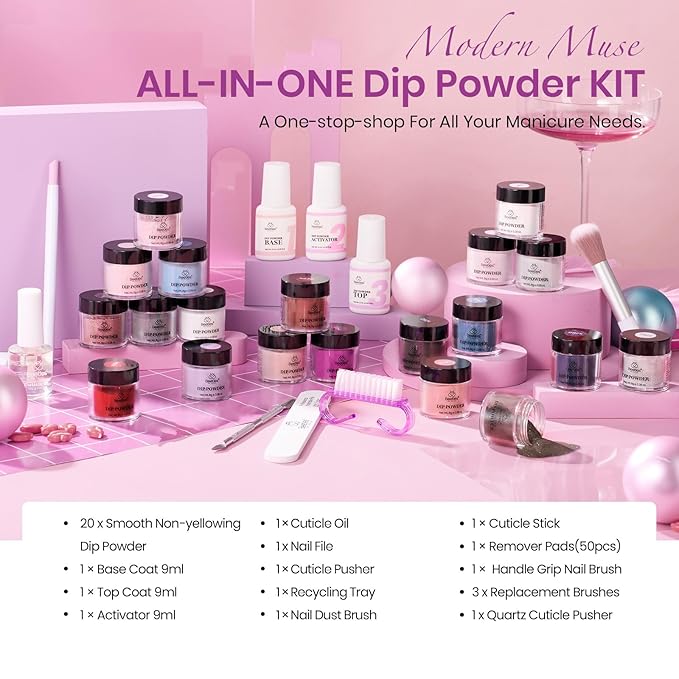Beetles Dip Powder Nail Kit Starter, 20 Colors Nude Pink Blue Glitter Dipping Powder Set with Base Top Coat Activator for Nail Art Manicure Modern Muse Collection
