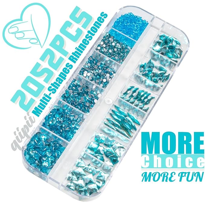 2052Pcs Aquamarine Nail Rhinestones Water Blue Stones for Nails 72 Multi Shapes Big Gems +1980 Flatback Round Beads K9 Glass Lakeblue Crystals Diamonds Jewels Nail Charms Art for Face Makeup