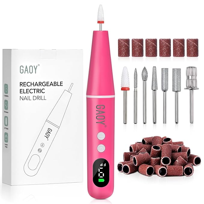 GAOY Cordless Nail Drill, Rechargeable Electric Nail File with LED Display, Lightweight Low-Noise Manicure & Pedicure Tool for Gel Removal, Acrylic Nails & DIY Home Use, Hot Pink