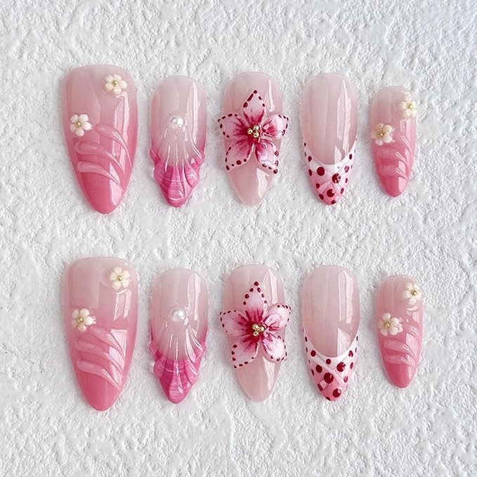 Luxury Press on Nails Medium Almond Handmade 3D Unique Reusable ABS Material Fake Nails Pink False Nails with Designs Floral Art Petal Glossy Glue on Nails Thick Acrylic Nails(M)