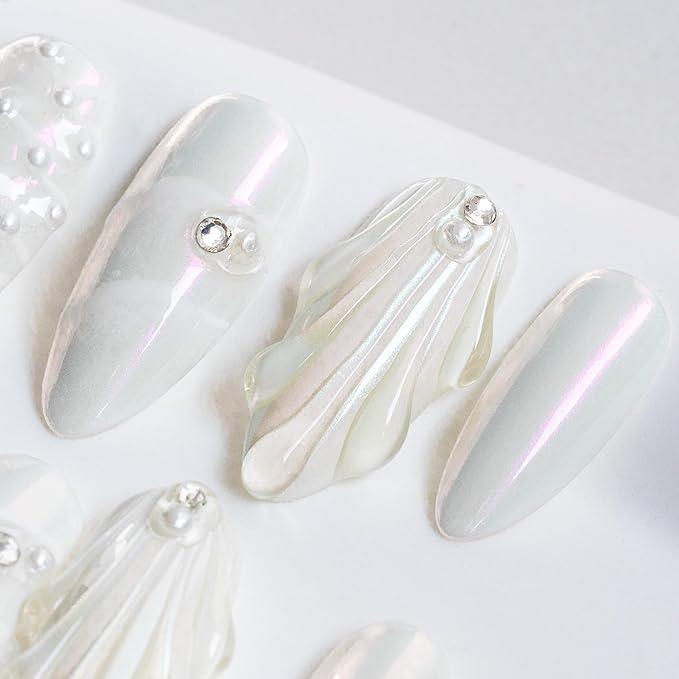 Sun&Beam Nails Handmade Press On Nail Medium Long Almond Oval Pink White Pearl Shell Fake Tip 3D Design Art Charms Cute with Storage Box 10 Pcs (White-S)