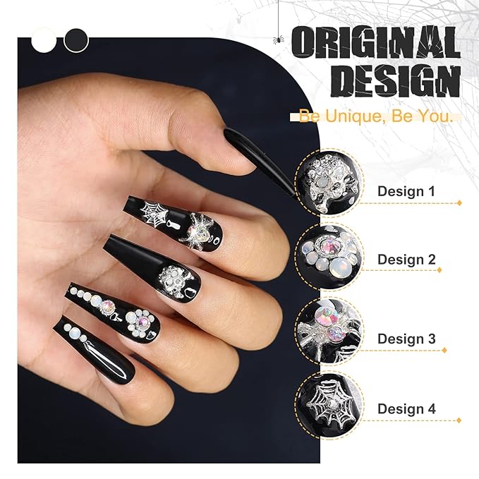 Morily 24Pcs Long Coffin Press on Nails Halloween Black Fake Nails Acrylic Skeleton Stick on Nails with 3D Spider Web Rhinestones Design Artificial False Nails for Women (Black Silver Spider Crystal)