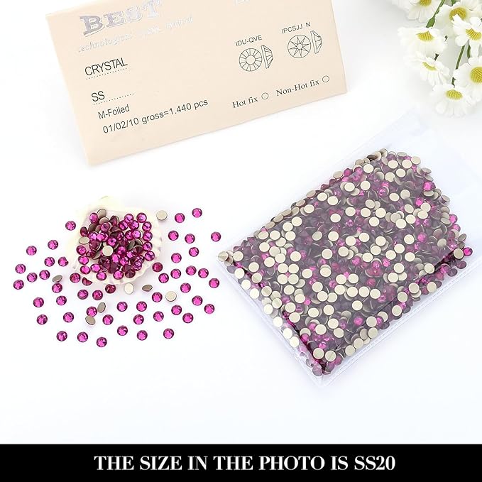 Novani Fuchsia Rhinestones 1440pcs Flat Back Round Rhinestone Style 2088 Sparkly Crystal Gemstones for Nail Art and Crafting SS20,4.6-4.8mm