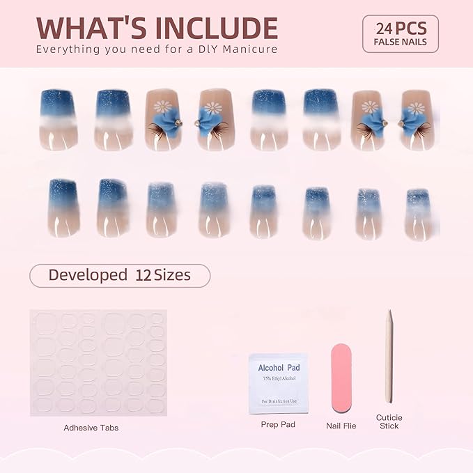 Long Square Press on Nails Light Blue Gradient French Tips Fake Nails Blue Glitter False Nails Glue on Nail with Flower Design Nails Press on Acrylic Full Cover Stick on Nail for Women