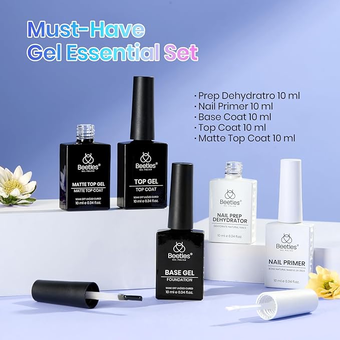 Beetles Base and Top Coat Set with Nail Dehydrator and Primer, 5 Pcs 10ml Glossy Matte Top Coat Gel Nail Prep Acid-Free and Hema-Free Dehydrate Bond Primer Kit