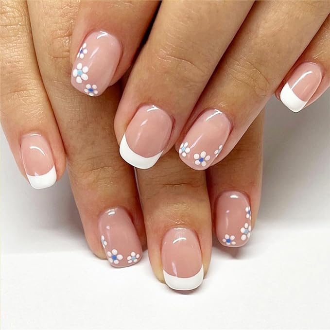 Press on Nails Short Square Plastic False Nails 24 Pcs White French Tips Flower Pattern Glossy Finish