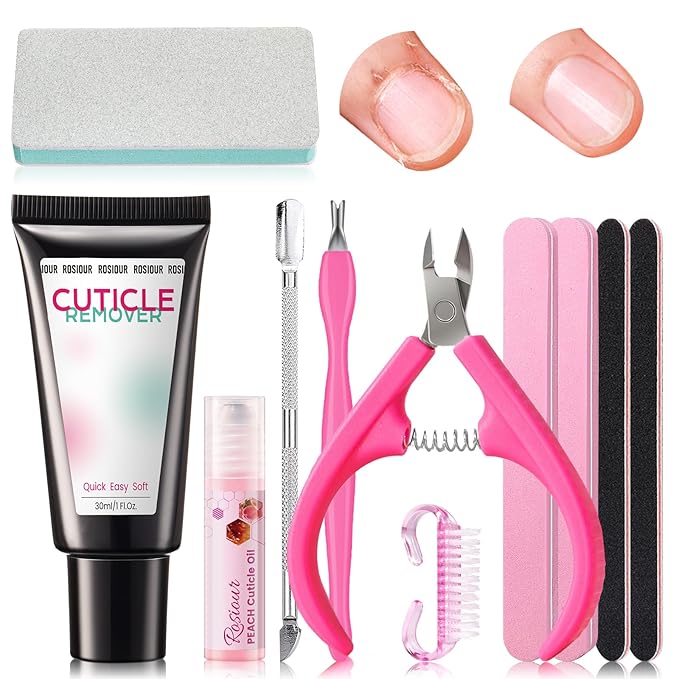 Cuticle Remover Kit: 11Pcs Nail Manicure Kit with Gentle Cuticle Remover Cream, Cuticle Oil, Cuticle Trimmer, Cuticle Pusher, Nail File and Buffer Set, Perfect for Women’s Home & Salon Nail Care Prep