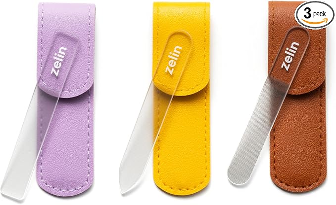 zelin Premium Glass Nail File for Natural Nails with Leather Case, 3 Pcs Single-Sided Crystal Nail Files for Stronger, Smoother Nails, Reusable Manicure Tool, Ideal Valentines Day Gifts for Her