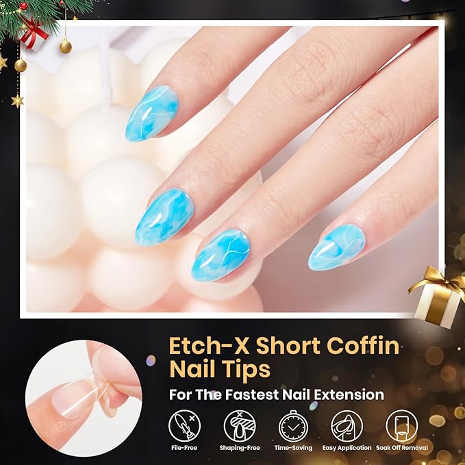 Beetles Gel Nail Tips 576Pcs Pre-shape Short Almond Etch-X Nail Tips,12 Sizes Soft Acrylic False Nail Tips Half Matte Full Cover Easy DIY Press On Nail Extensions Art Salon Gift Set for Women