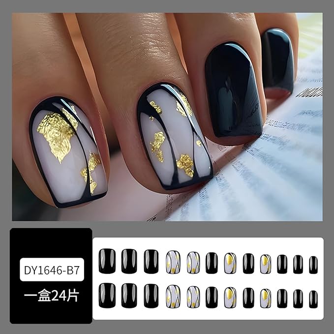 Square Press on Nails Short Fake Nails with Designs Gold Foil Stick on Nail Black French Acrylic False Nail Glossy Artificial Nail Full Cover Glue on Nails for Women 24Pcs