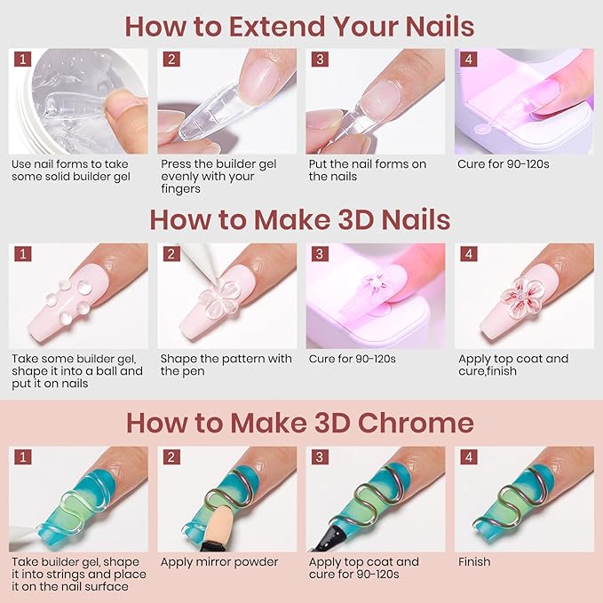 MIZHSE Solid Builder Gel for Nails: 4-in-1 3 Colors Hard Gel for Nails 3D Nail Art for Sculpting with Dual Forms Silicone Pen Soak Off U V LED Manicure Salon DIY Gift