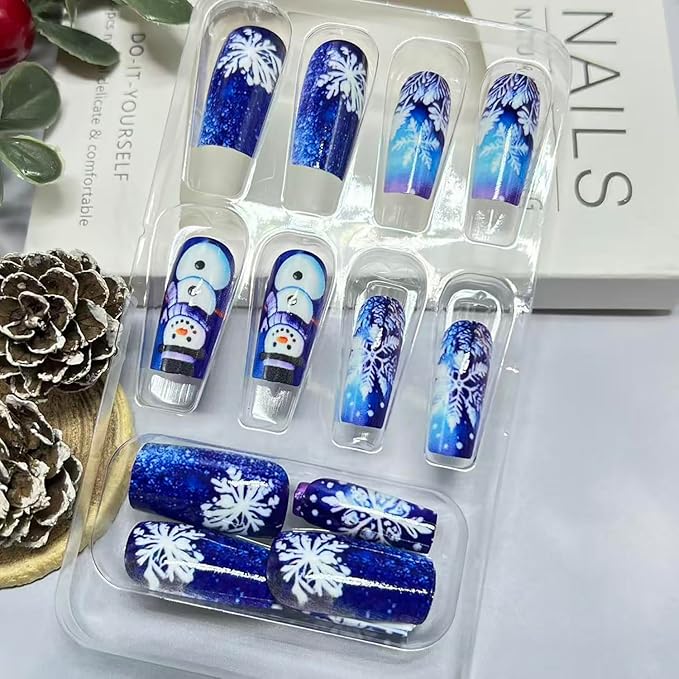 Christmas Press on Nails Medium Square Fake Nails with Snowflake Snowman Designs Blue Xmas False Nail Winter Acrylic Stick on Nail for Women 24 Pcs