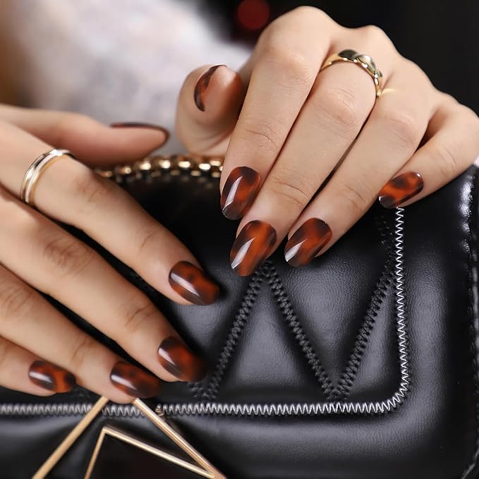 Press On Nails - Tortoise | Amber Tortoise Shell Short Oval, Salon Quality | 32 Nails, 16 Sizes Kit with Glue and Adhesive Tabs I Female Founded - Beauty, Self Care