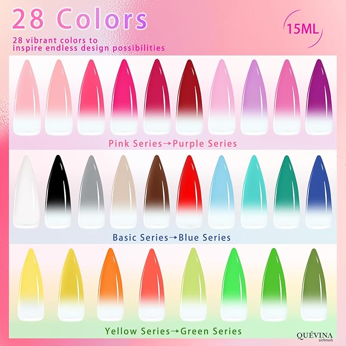QUEVINA 28 Hot Colors Airbrush Gel Nail Polish Set – Safe, Odorless Formula for Stunning Nail Art – No Dilution Needed, Long-Lasting & Vibrant Shades 28X15ml
