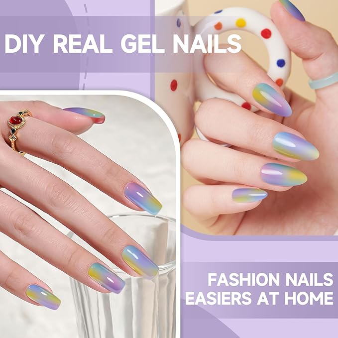 Semi Cured Gel Nail Strips,28 Pcs Gel Nail Stickers/Wraps(Colorful Aurora),Long Lasting Polish Stickers UV Cure,Works with UV Lamp,Easy to Apply