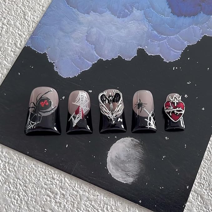 Halloween Luxury Press on Nails Short Duck Handmade 3D Unique Reusable ABS Material Fake Nails Black French False Nails with Designs Spider Web Bat Charms Glossy Glue on Nail Thick Acrylic Nail(S)