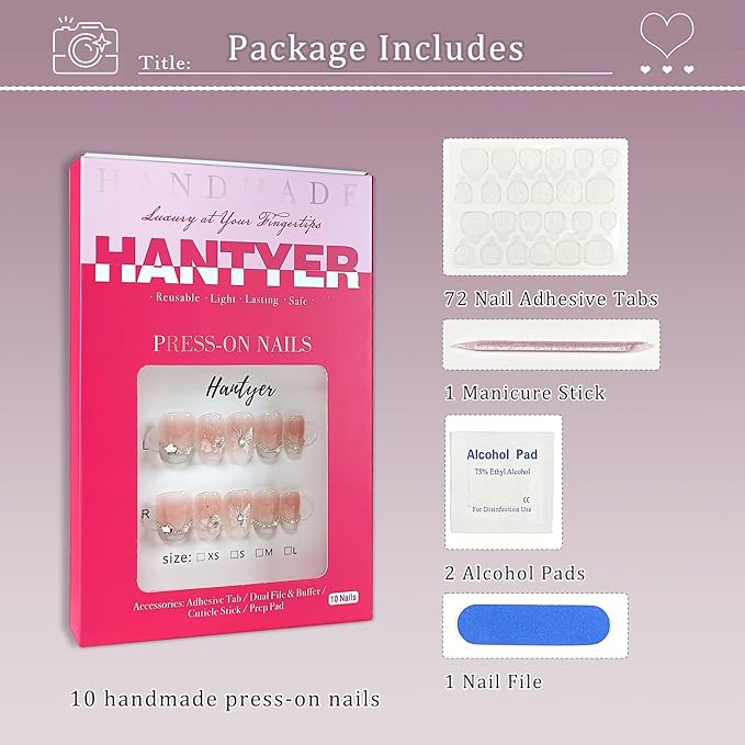 Handmade Press On Nails Short Square,Acrylic French Crystal Cat Eye & Chain Pearl Butterfly Design Fake Nails,Cute Korean Pink False Nails 10PCS with Tools Kit for Women Daily (Size S)