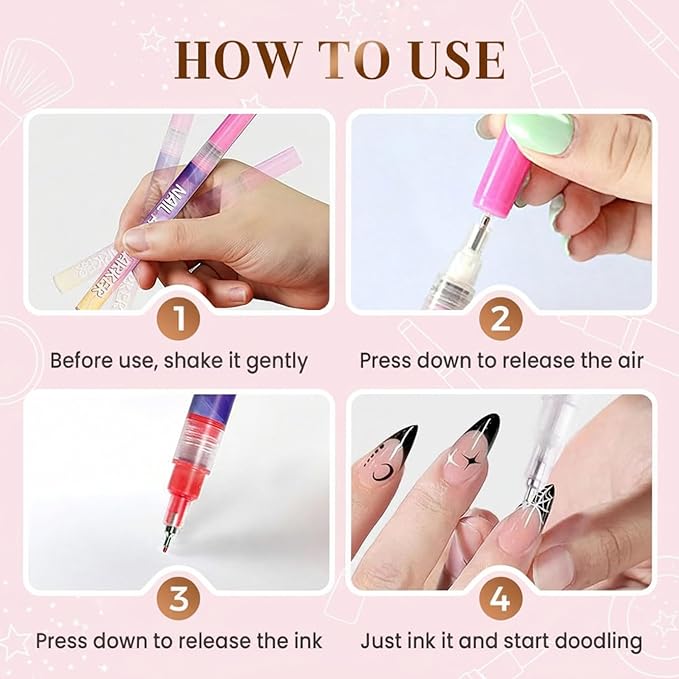 Nail Art Pens Set, 12 Colors Water-Based Nail Design Markers, 0.5mm Fine Tip for 3D Drawing, Painting, DIY Manicure Tools