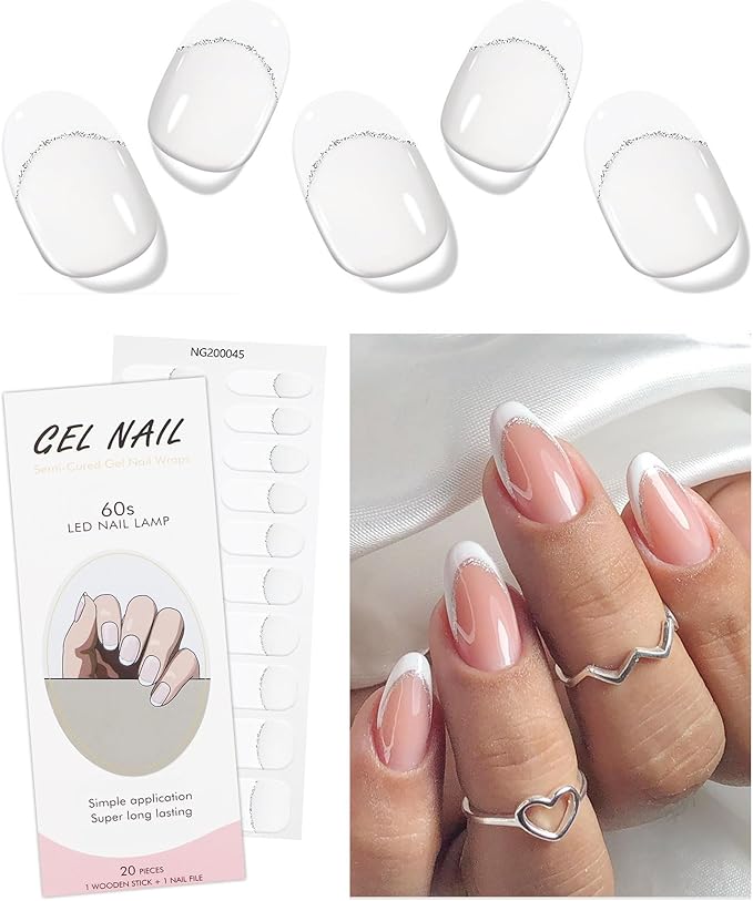 JMEOWIO Gel Nail Stickers White French Tip Transparent Semi Cured Gel Nail Strips Wraps UV/LED Nails Art Design Decoration Accessories
