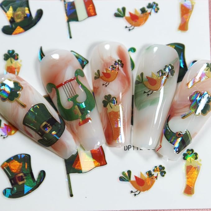 6 Sheets St. Patrick's Day Nail Art Stickers for Nail 3D Self Adhesive Laser Shamrock Nails Stickers Rainbow Golden Jar Gnome Design Irish Nail Decals Nails Art Supply for St. Patricks Day Manicure