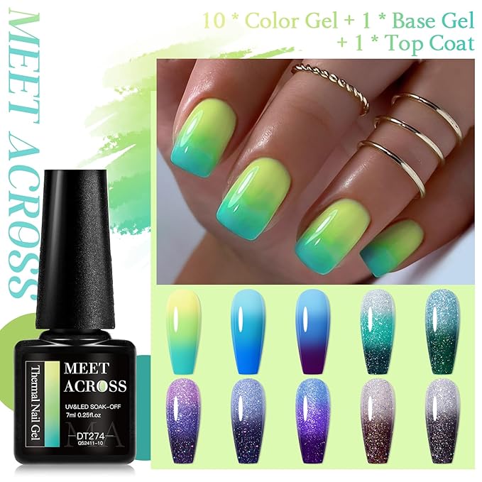 MEET ACROSS 12 PCS Color Changing Gel Nail Polish Kit Glitter Temperature Mood Changing Blue Purple Gray Color Changed Gel Soak Off Nail Art Design Kit Manicure at Home