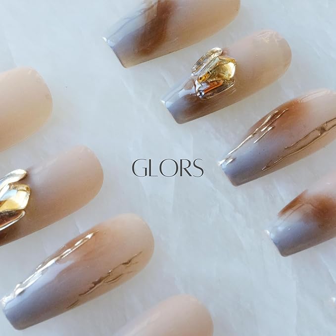 Ombre Press On Nails, Long Ballerina Style, Nude to Gray with Gold Accent, Handmade False Nail 10 Pieces (Small,LB)