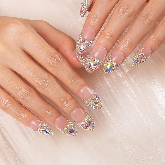 LOVFUL Press on Nails Angel's Tear Rhinestone | Handmade with Full Covered Crystals | Reusable Fake Nails | Almond Regular 1.0 in | H48-L