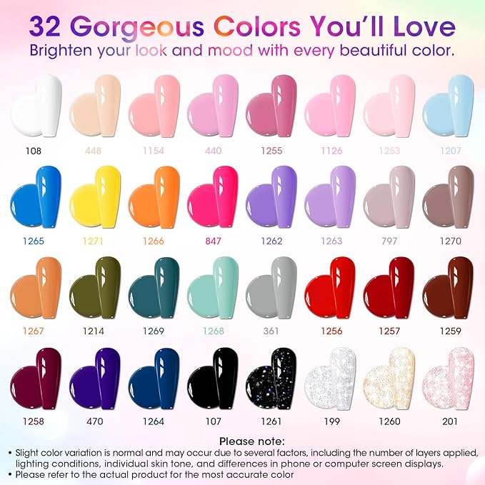 GELLEN 71pcs Gel Nail Polish Kit with U V Light, 32pcs All Seasons Color Hema-Free GelNail Polish Set with 5pcs Functional Gel Top and Base Coat, Nail Art Manicure Salon Nail Kit for Women