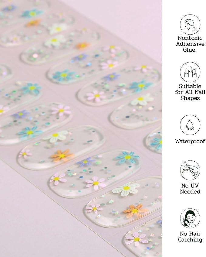 Nail Polish Strips (No UV Lamp Needed) - 22 Pcs Salon Quality Gel Nail Stickers - Long Lasting Wraps (Sheer Daisy White)