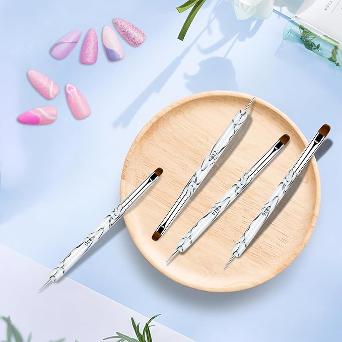 French Manicure Brush Set with Dotting Tools, Double-Ended Nail Art Brushes for Gel & Acrylic, Precision Clean Up & Detail Design, 4 Sizes (#10#12#14#16), NB128-White
